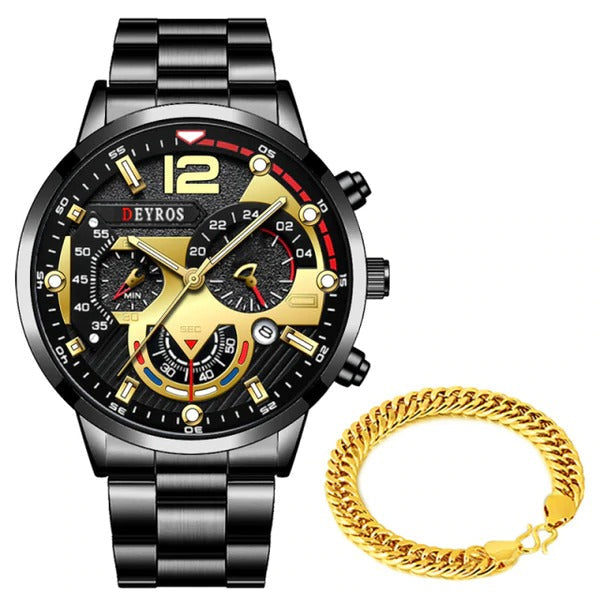 Kit Luxo - Relógio + Pulseira Dourada Relógios - 001 OneClick Brasil Cinza/Dourado 